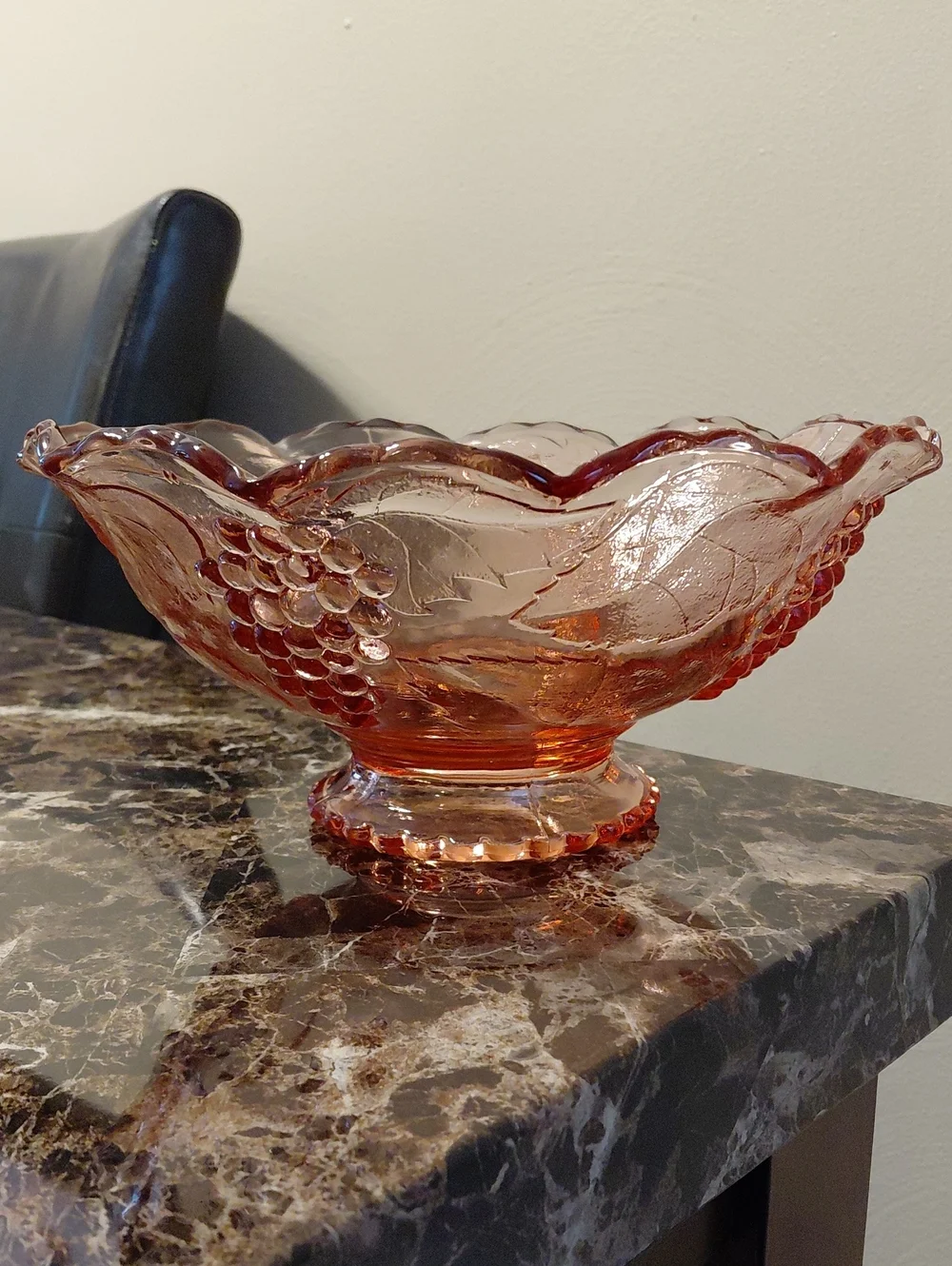 Vintage Blush Pink Heavy Depression Glass Grapes & Leaves Pattern Serving Bowl